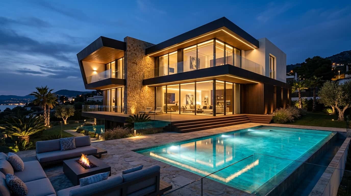 Chalet moderno con piscina iluminada al anochecer